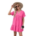 thumbnail image 3 of Women'S Short Sleeve V Neck Ruffle Hem Solid Swing Smock Dress Casual Loose Fit Mini Dress Summer Beach Wear Rose red L, 3 of 9