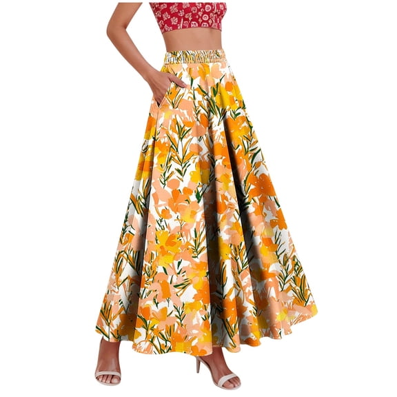 ZToonmas Women's Floral Print High Waist Maxi Skirt Boho A-Line Flared Long Skirt with Elastic Waist and Pockets