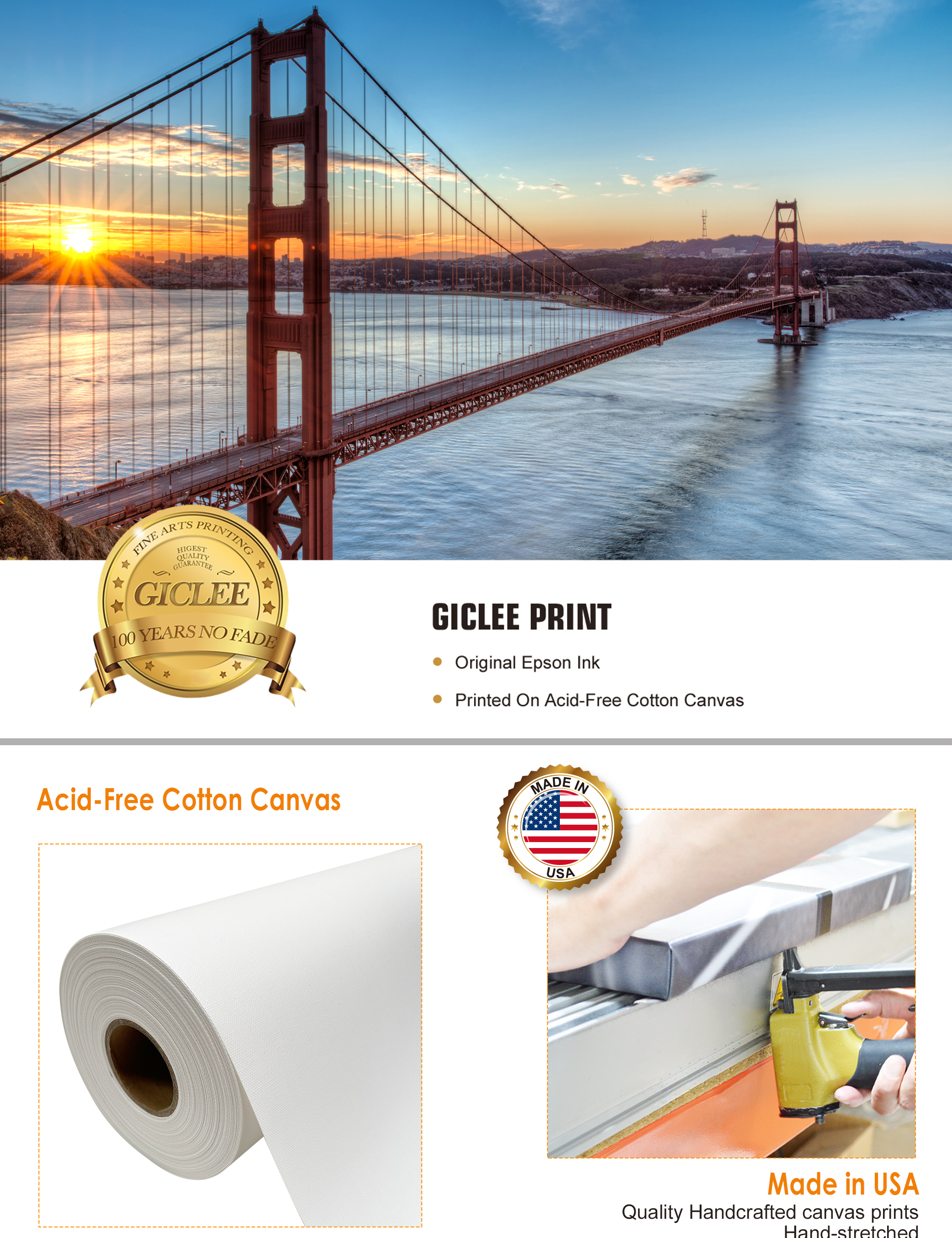 DecorArts Golden Gate Bridge, San Francisco, Califonia. Giclee Canvas  Prints for Wall Decor. 24x16