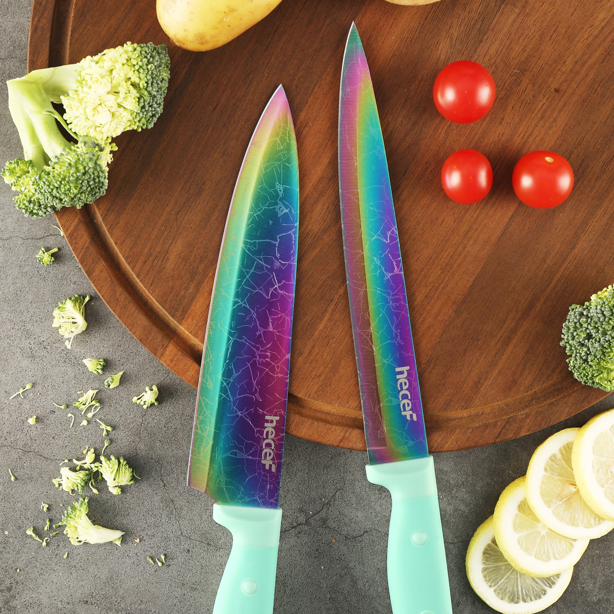 Hecef Dishwasher Safe Knife Block Set, Rainbow Titanium Coated Kitchen Knives Set with Scissors, Steak Knives