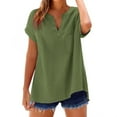 thumbnail image 2 of Lovskoo Women's Summer Linen Shirt Short Sleeved V-Neck Shirt Solid Color Comfortable Top Olive Green, 2 of 6