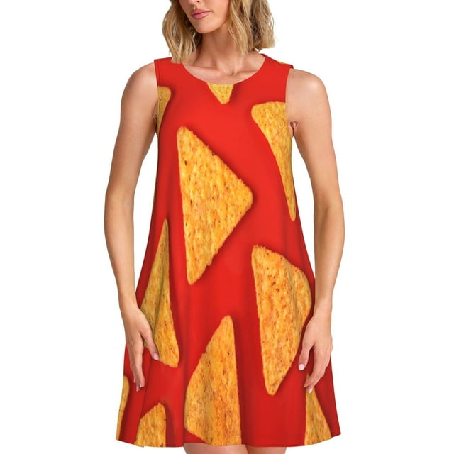 Fotbe Tortilla chips Vestido de Verano sin Mangas para Mujer – Vestido Midi Línea A, Estilo Camiseta Floral, Vestido Playero Casual y Fluido