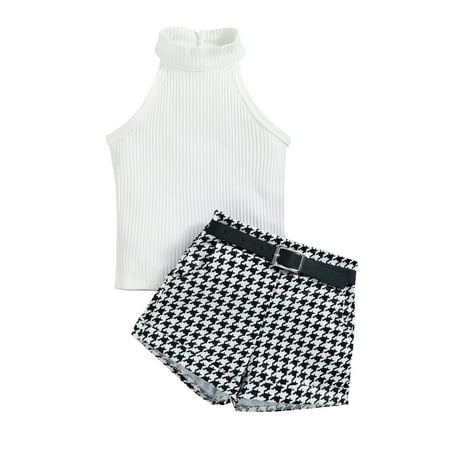 

Jdefeg New Born Set for Girls Summer Toddler Girls Sleeveless Ribbed Vest Tops and Plaid Shorts Belt Outfit Girl Cotton Pant Girls Clothes Sets Cotton Blend White 80