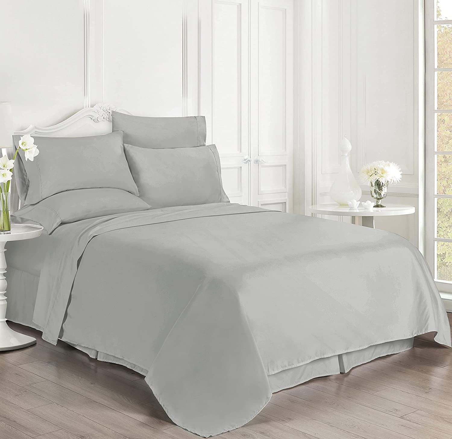 6 Piece Bamboo Sheet Set for Bed - 100% Pure Bamboo - Fit 22" Inch Deep Pocket Silk Feel, Cooling, Anti-Static, Extra Soft and Luxury - Light Grey Solid, Queen Size.