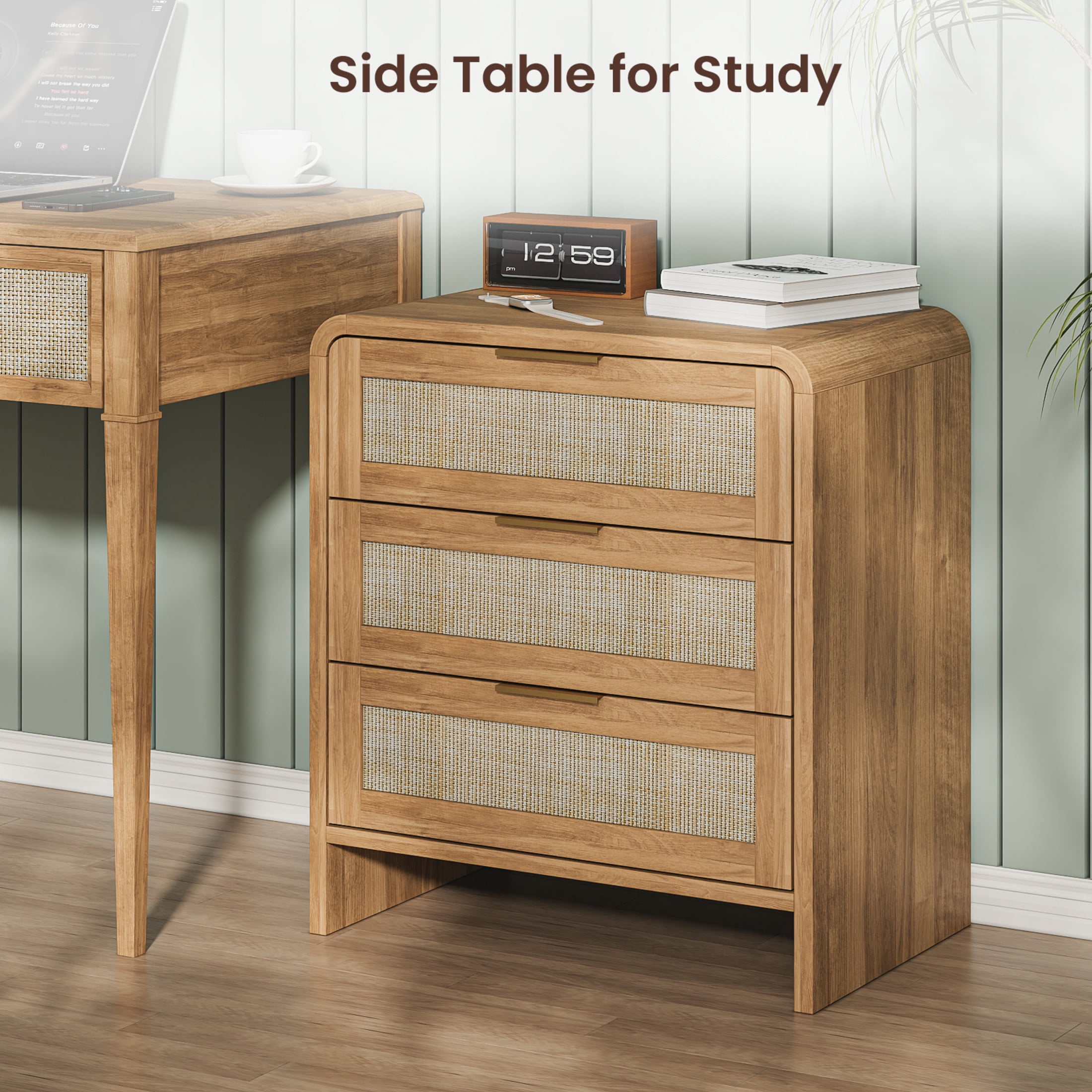 Noble House Felix 23" Rattan Wooden Nightstands, 3-Drawer Curved Bedside Tables with Gold Handles, Caramel