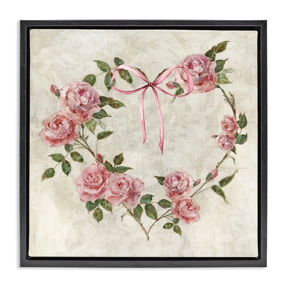 Stupell Industries Rose Heart Wreath Floral Painting Black Floater Framed Canvas Art Print Wall Art, 18 x 18