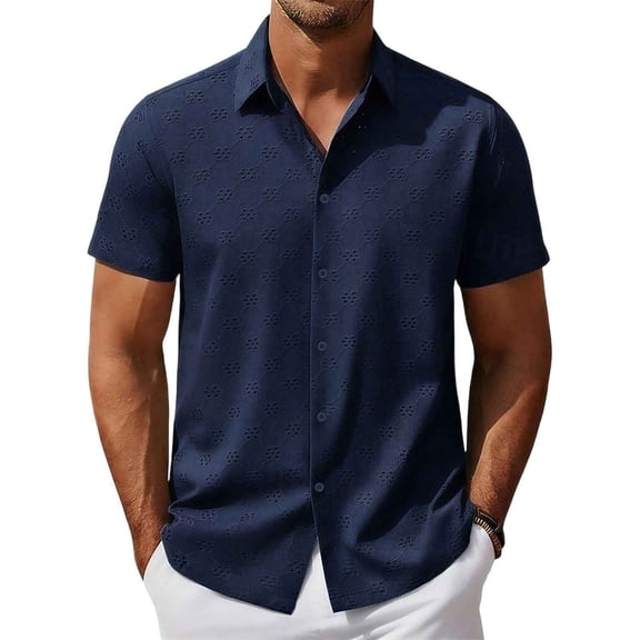 APEXFWDT Men's Textured Casual Shirt Short Sleeve Button Up Jacquard Dress Shirt for Office & Daily,L,Navy