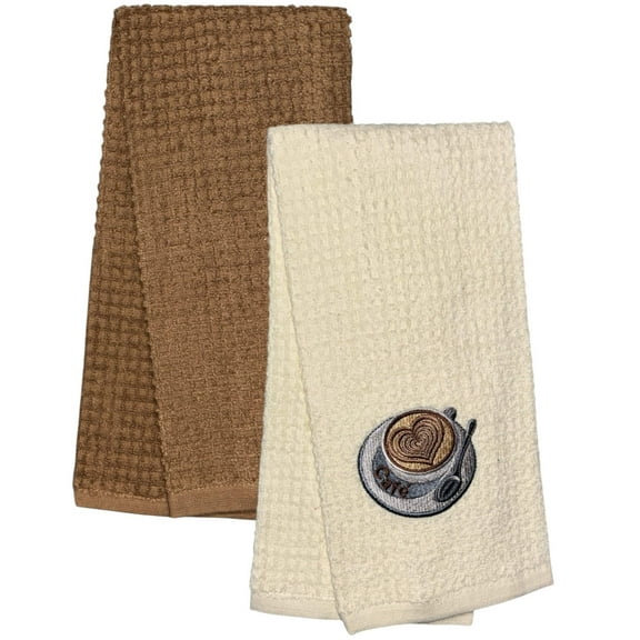 Two pcs, Café Embroidery Heart and Plain Cotton Terry Kitchen Towel, Super Absorbent, Heavy Duty, Great for Kitchen, or Household Size: 15” x 25”.