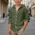 thumbnail image 2 of Boys Hooded Linen Button Down Shirt, Long Sleeve Casual Summer Blouse, Breathable Solid Color Beach Shirt for Kids(Dark Green,8-9 Years), 2 of 4
