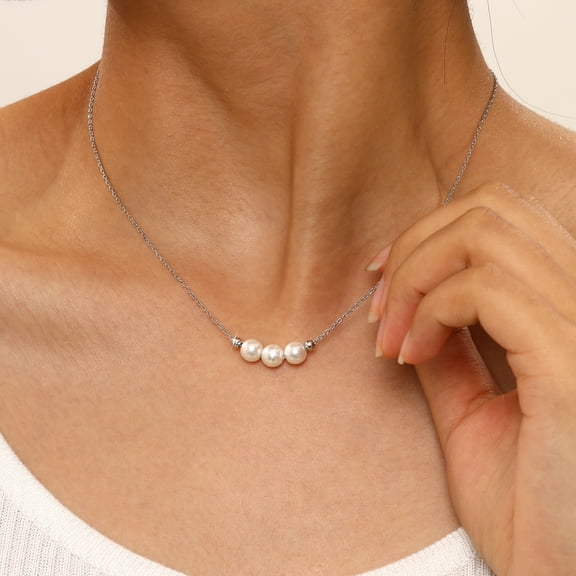 Pearl Necklace for Women, 925 Sterling Silver Dainty Pearl Pendant Necklace Jewelry Gift, Simple 3 White Pearl Choker Necklaces for Mother Day Birthday Wedding Valentines Christmas Party