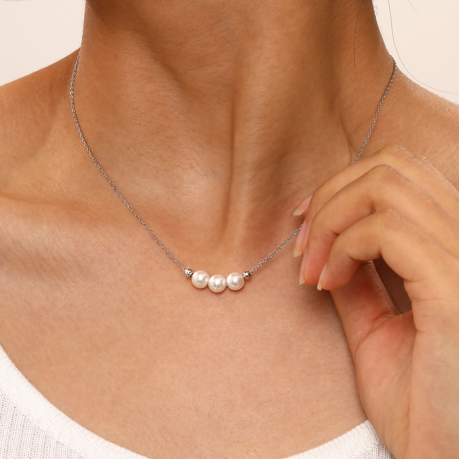 Pearl Necklace for Women, 925 Sterling Silver Dainty Pearl Pendant Necklace Jewelry Gift, Simple 3 White Pearl Choker Necklaces for Mother Day Birthday Wedding Valentines Christmas Party