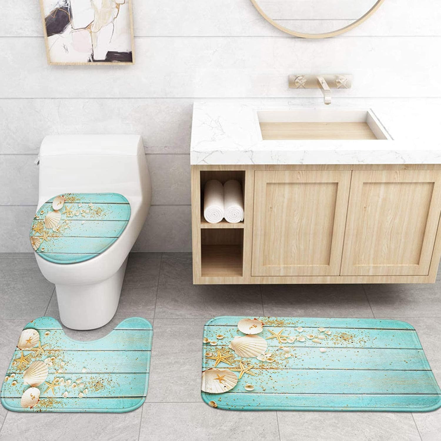 4 Pcs Shower Curtain Set Starfish Seashells Wooden Nautical Sand Beach Shell Sea Blue with Non-Slip Rugs Toilet Lid Cover and Bath Mat Bathroom Decor Set 72" x 72"