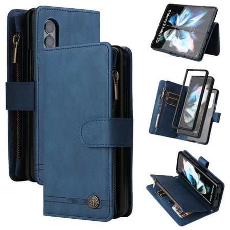 Galaxy Z Fold 3 Case, TECH CIRCLE Z Fold 3 Case Wallet for Women Men PU Leather Magnetic Flip Wrist/Shoulder Strap Zipper Card Holder Case for Samsung Galaxy Z Fold 3 5G, Blue