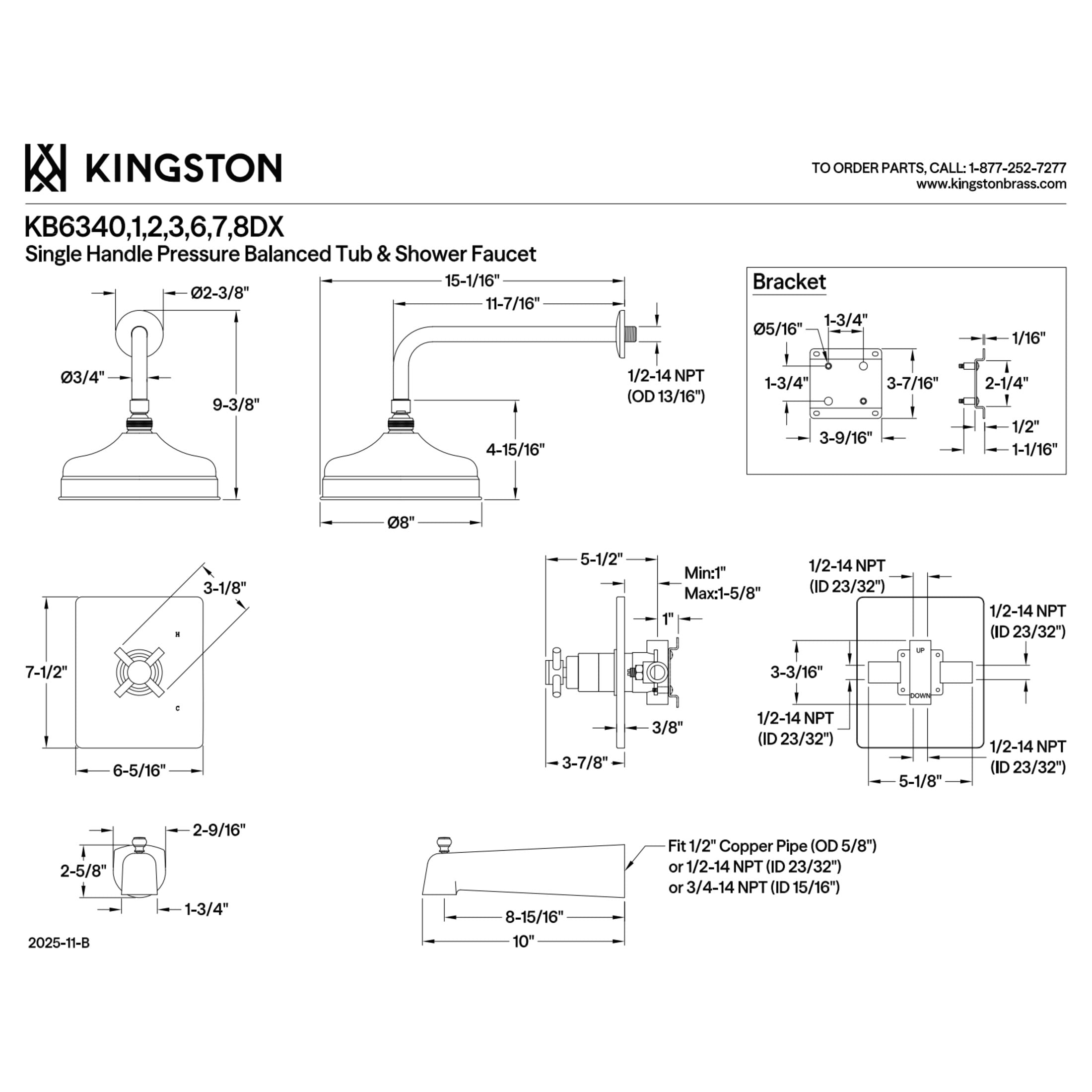 Kingston Brass KB6348DX Concord Single-Handle Pressure Balanced Tub and Shower Faucet, Brushed Nickel