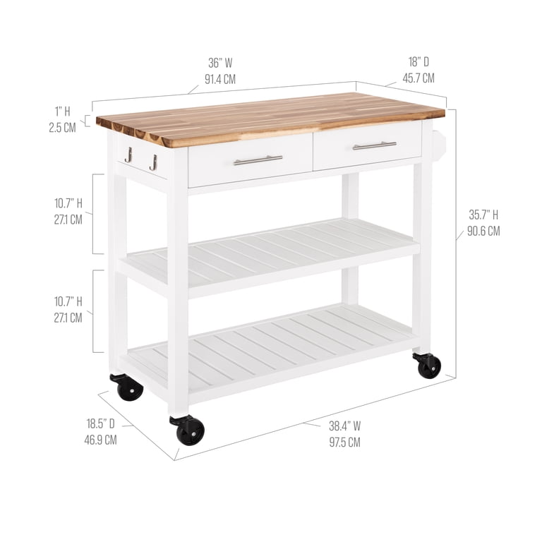 Seville Classics Acacia Wood Top Work Table Island Cart, White