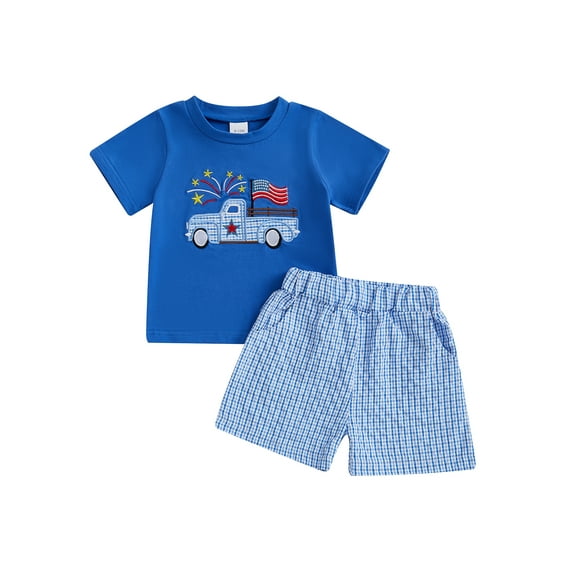 Qmyliery Toddler Baby Boy 4th of July Outfit Embroidery Crew Neck Short Sleeve T-Shirt and Plaid Shorts 2 Pcs Set 6 12 18 24 Months 3 Years