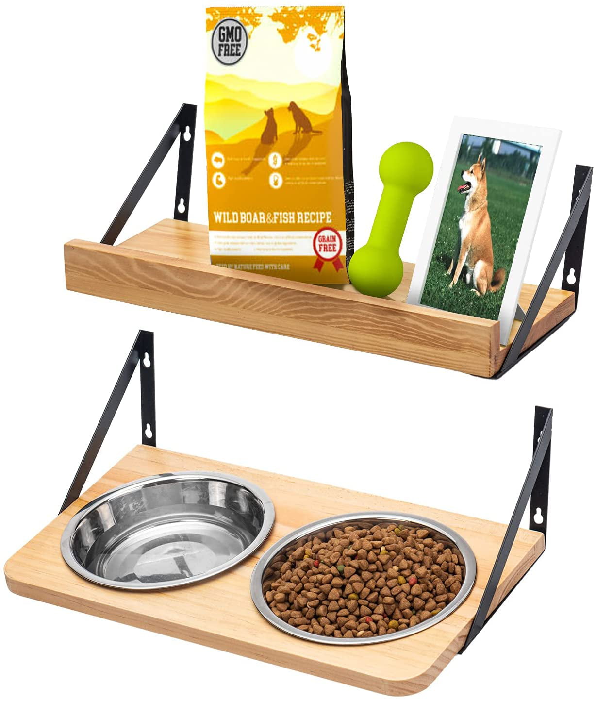 PetComfort Double High Feeding System w/ Standard Mat Dog Cat Feeder Tan 