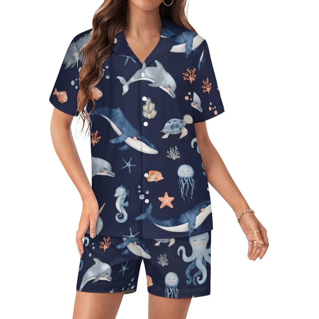 PRIYAL Ensembles de Pyjama pour Femmes Mignon Baleine Pieuvre Satin Soie Manches Courtes et Pantalons