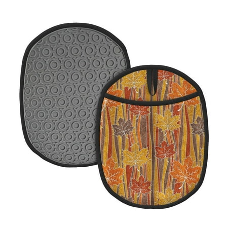 

Lukts Autumn Maple Leaf Stripes Print Silicone Pot Mat Mitten With Hanging Loop Heat Resistant Oven Mitts Non-Slip Bbq Baking Smoking Potholders