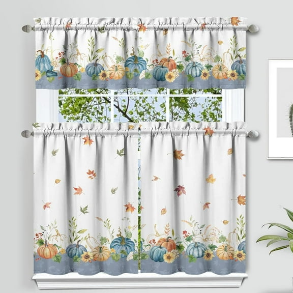 Fall Thanksgiving Kitchen Curtain Valance 3 Piece Set, Fall Blue Pumpkin Sunflower Kitchen Decor, Thanksgiving Fall Kitchen Curtains and Valances for Living Room Bedroom Kitchen Cafe Decor 36In