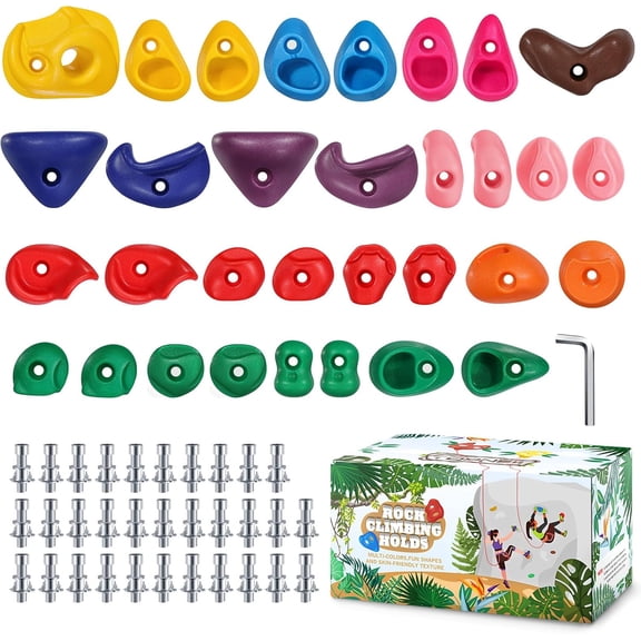 32 Rock Climbing Holds Multi Size for Kids, Adult Rock Wall Holds Climbing Rock Wall Grips for Indoor and Outdoor Playground Play Set - Includes 2 Inch Mounting Hardware