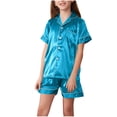 thumbnail image 1 of Zpanxa Girls Matching Sets Summer Solid Color Thin Home Clothing with Ruffle Short Sleeve Round Neck Blouses 6-7 Years, 1 of 7