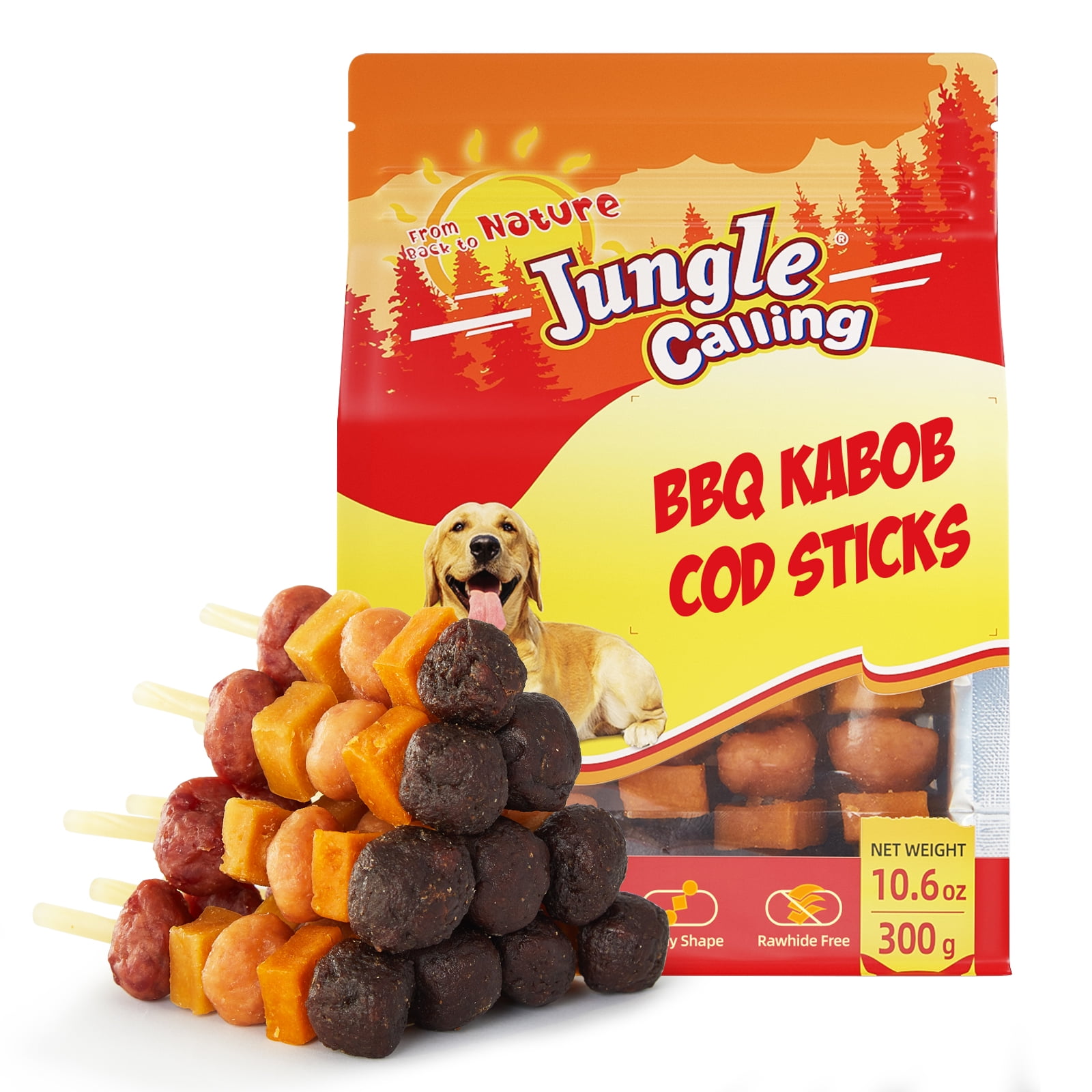 (5 pack) Jungle Calling Dog Treats, Cod Sticks, Sweet Potato, Pumpkin & Meat Kabobs for Dogs