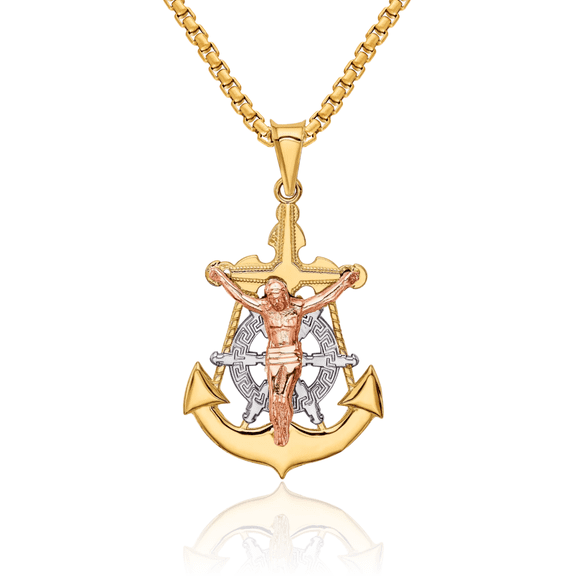 14K Solid Tri Color Pink White Yellow Gold Anchor Mariner Lord Jesus Christ Crucifix Holy Cross Necklace Religious Chain Pendant Nautical Charm