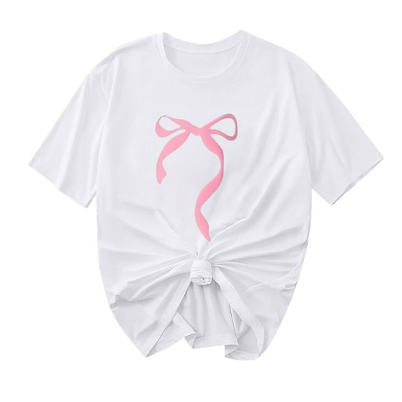 Cute Summer Tops Women Bowknot Print Round Neck Short Sleeve Casual Tshirts Valentine's Day T-shirts (XL, White 03)