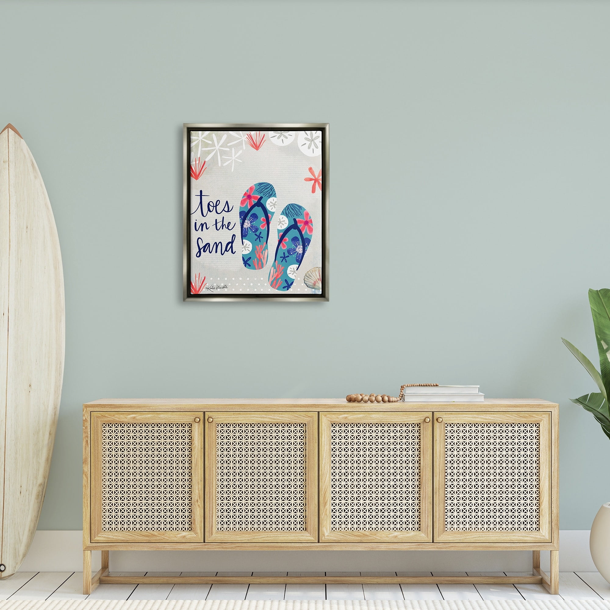 Stupell Industries Toes In Sand Varied Beach Botanical Patterned Flip-Flops Graphic Art Luster Gray Floating Framed Canvas Print Wall Art, Design by Katie Doucette