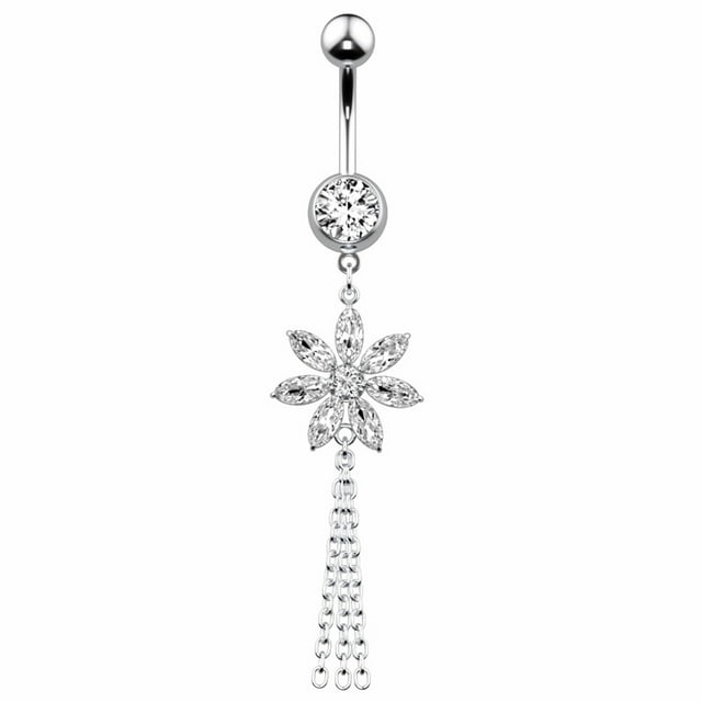 Navel Ring Flower Tassel Rhinestone Stainless Steel Body Ring Dangle Belly Ring