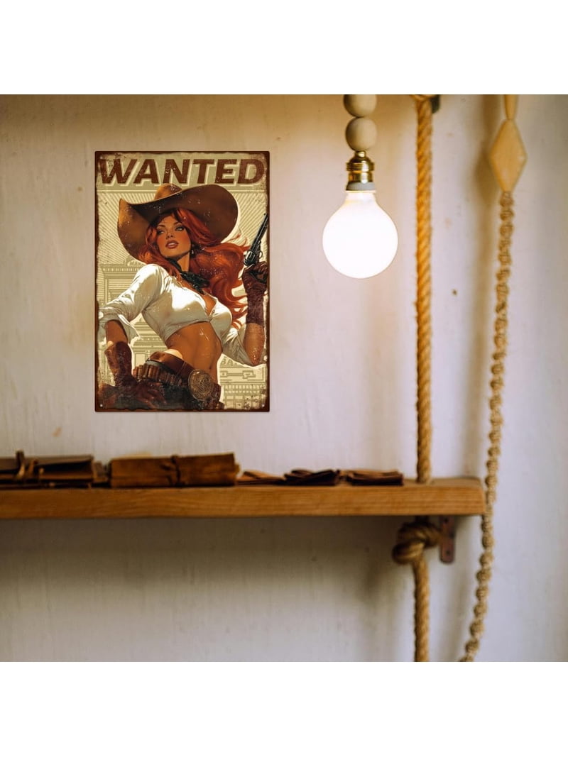 Western Cowgirl Pin Up Lady Metal Tin Sign 7.8x11.8 Inch Funny