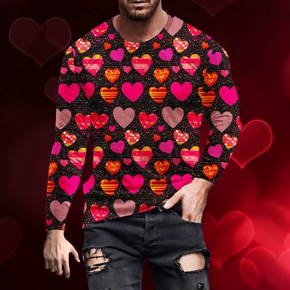 EchfiProm Graphic Tees for Men Valentine Hot Pink Shirts Long Sleeve Summer Graphic Big and Tall Mens Tops 3XL