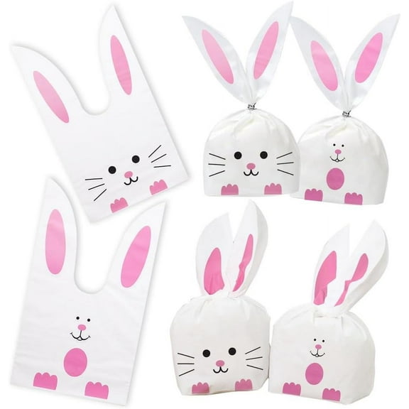 100PCS Cute Easter Goodie Bags, 9 x 5.1 Inch Bunny Treat Bags for Cookie Snack Packaging Supplies