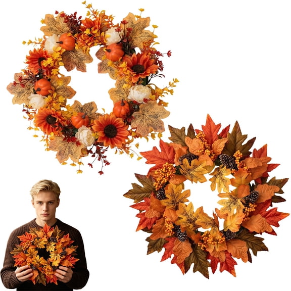 SeekLGT Fall Wreaths For Front Door 18 Inch, Artificial Autumn Door Wreath With Sunflowers Pumpkins Maple Leaves Berries For Thanksgiving Home Decor, 1 Pc