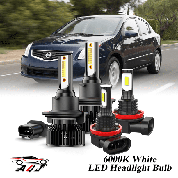 Juego Combinado de Bombillas LED Nissan Sentra 2004-2012 para Luz Alta/Baja + Antiniebla, Kit de 4 Unidades: 2x 9008/H13 para Faros Principales + 2x H11/H8/H16 para Faros Antiniebla