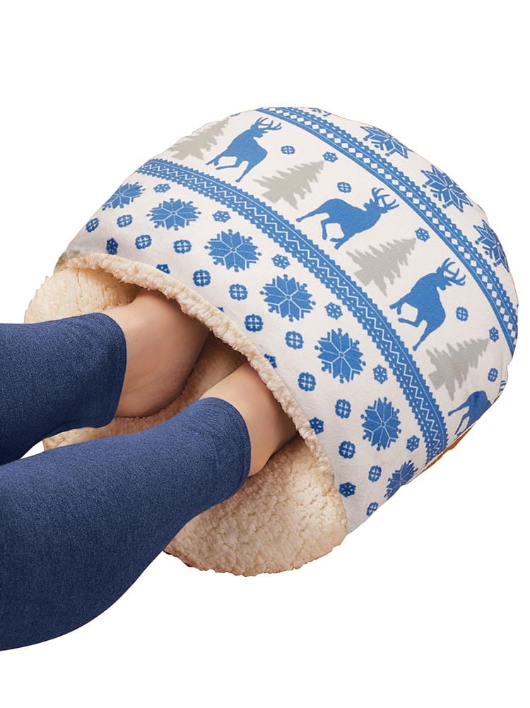 Sherpa Fleece Lined Foot Warmer with Nordic Deer, Soft Lined Slip-Ons, Red by Collections Etc