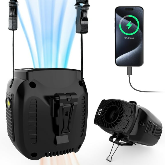 Portable Waist Fan, AYAMAYA 10000mAh Rechargeable Personal Clip on Fan with 5 Speed Strong Airflow & 3 Mode LED light, Wearable Belt Fan for Hiking Jobsite