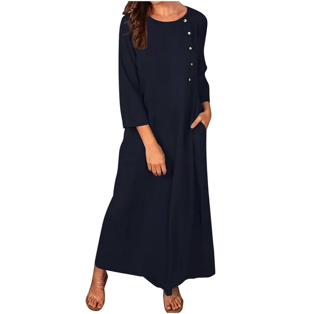 Robes d'Été pour Femmes 2023 Robes pour Femmes Liquidation Robes d'Été Décontractées Col Rond Manches Mi-Longues Bouton Longues