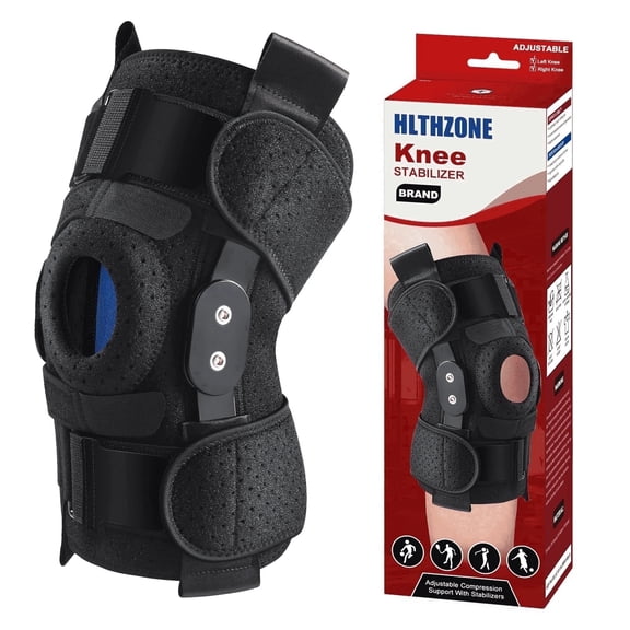 HLTHZONE Hinged Knee Brace with Stabilizers, Adjustable Compression for Meniscus Tear Pain Relief, Men/Women, One Size, Black