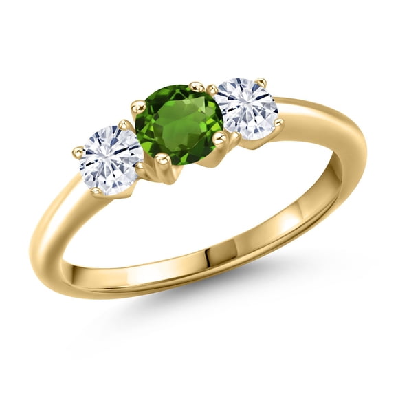 Gem Stone King 10K Yellow Gold Green Chrome Diopside and White Moissanite Engagement Ring for Women | 0.96 Cttw | Round 5MM | Gemstone Birthstone | Size 9