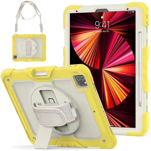 iPad Pro 12.9 Case 2020 with Screen Protector Pencil Holder | Full Body Shockproof Rugged Protective Durable Rubber Case w/360 Rotating Stand & Strap for iPad Pro 12.9 inch 4th Generation