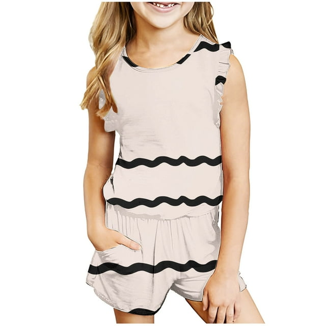TopLLC Ensembles de Débardeurs à Col Rond Mode Hauts Sans Manches Décontractés pour Filles Col Rond Col Imprimé Ensembles de Shorts Ensemble Fille