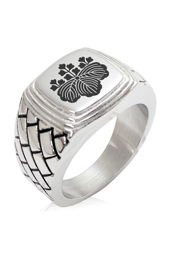 Stainless Steel Toyotomi Samurai Crest Geometric Pattern Step-Down Biker Style Polished Ring