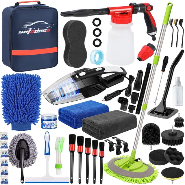 Kit de lavado de autos AUTODECO de 43 piezas con pistola de espuma, aspiradora, mopa y cepillos