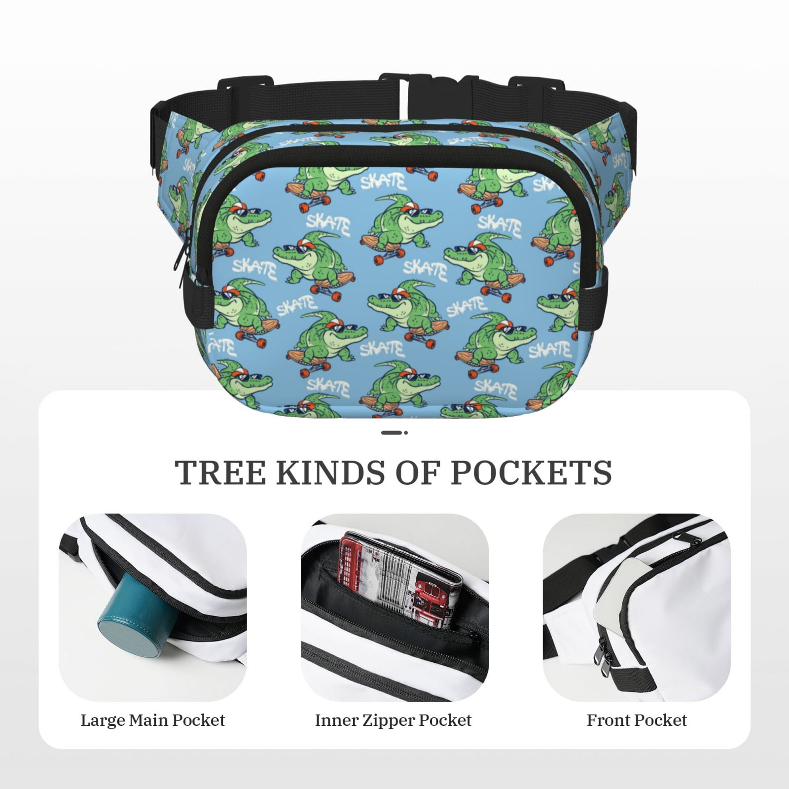 Kdxio Crocodile Riding Skateboard Crossbody Double Layer Waist Bag Belt Bag for Unisex Fanny Pack Fashion Waist Packs for Hiking Running Shopping Traveling