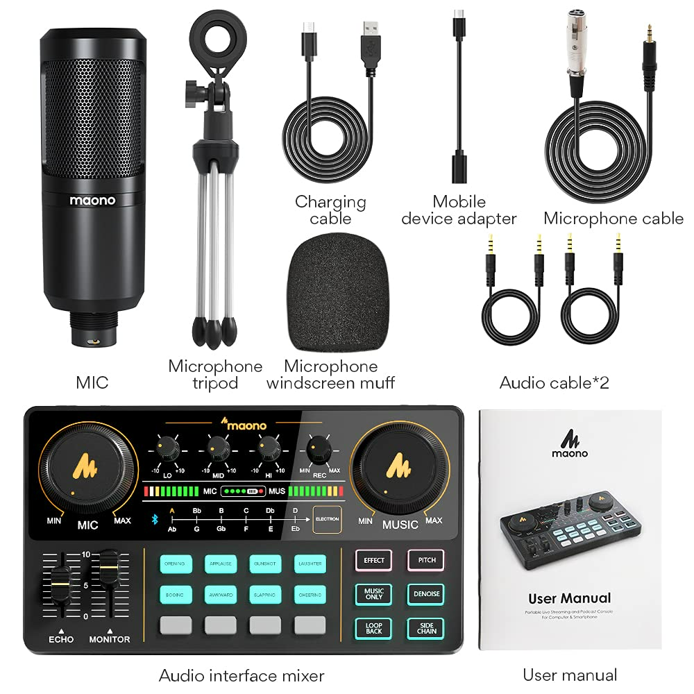 Live　PC,　with　for　Sound　Audio　DJ　and　Mixer　3.5mm　Studio　with　and　Guitar,　Microphone　Portable　Equipment　Recording　Maonocaster　Card,　ALL-IN-ONE　Podcast　Streaming,　Interface　Bundle　Lite　Gaming(AU-AM200-S