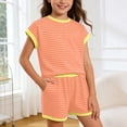 thumbnail image 2 of RUTAYY Girls 2 Piece Outfit Set Crew Neck Short Sleeve Ribbed Striped Top Elastic Waist Side Pocket Shorts Casual Matching Set Orange, 2 of 4