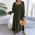 thumbnail image 5 of Lovzfmll Women's Dresses Fashion Fall Lightweight Round Neck Long Sleeve Solid Color Commuting Horn Sleeve Casual Loose Comfortable Maxi Peasant Large Hem Ruffle Dress Army Green S, 5 of 8