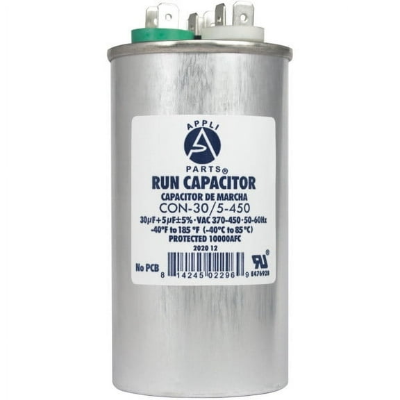 Appli Parts Dual Run Capacitor for ac 30 5 Mfd uF (microfarads) 370VAC or 450VAC CBB65 Round Universal fit for hvac and other applications 4-1/4 in High 2 in Wide CON-30/5-450